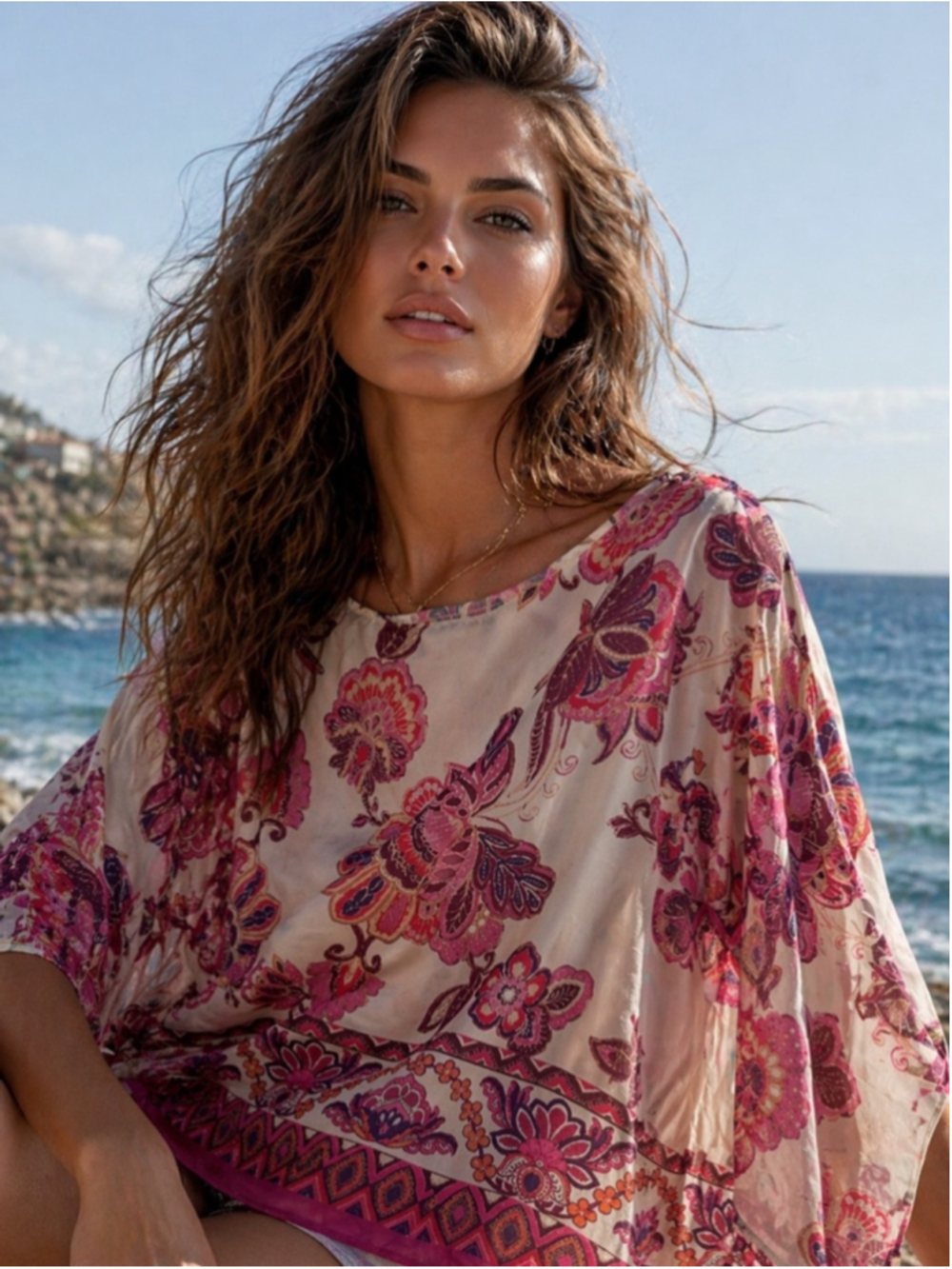 Zara Cream and Pink Floral Printed Long-Sleeve Blouse